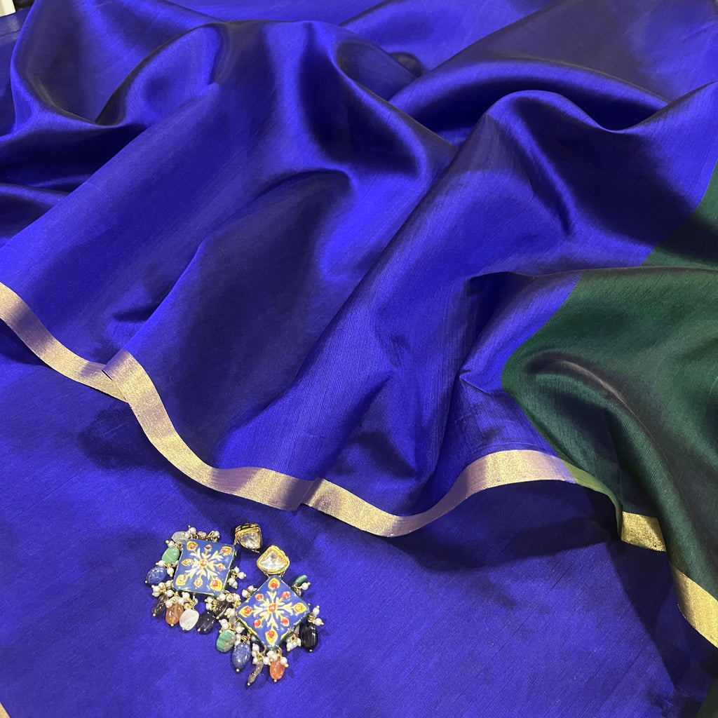 Indigo and green Chanderi silk saree with zari border