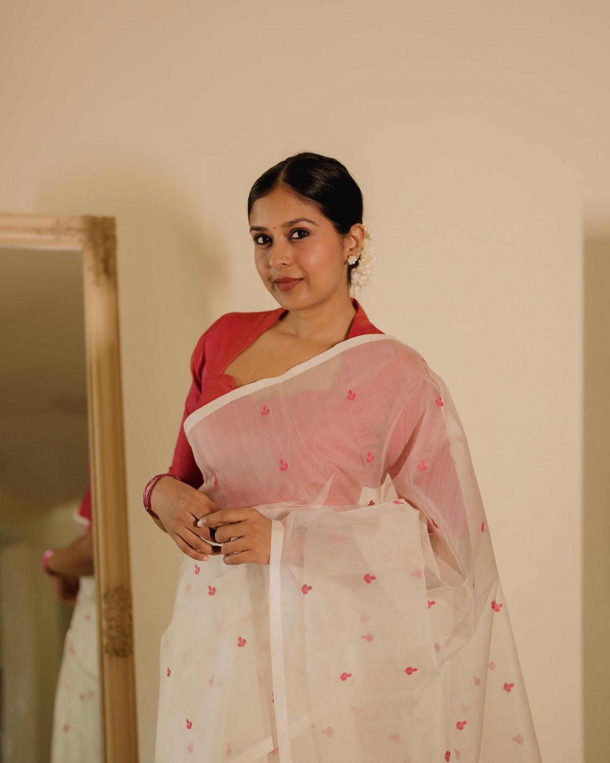 Off white and pink Chanderi silk saree with resham bootis all over
