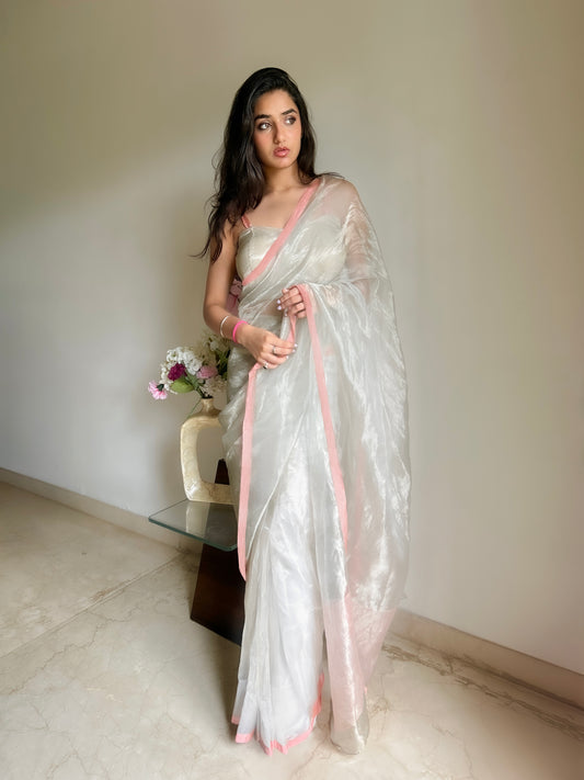Silver white and coral chanderi tissue silk saree