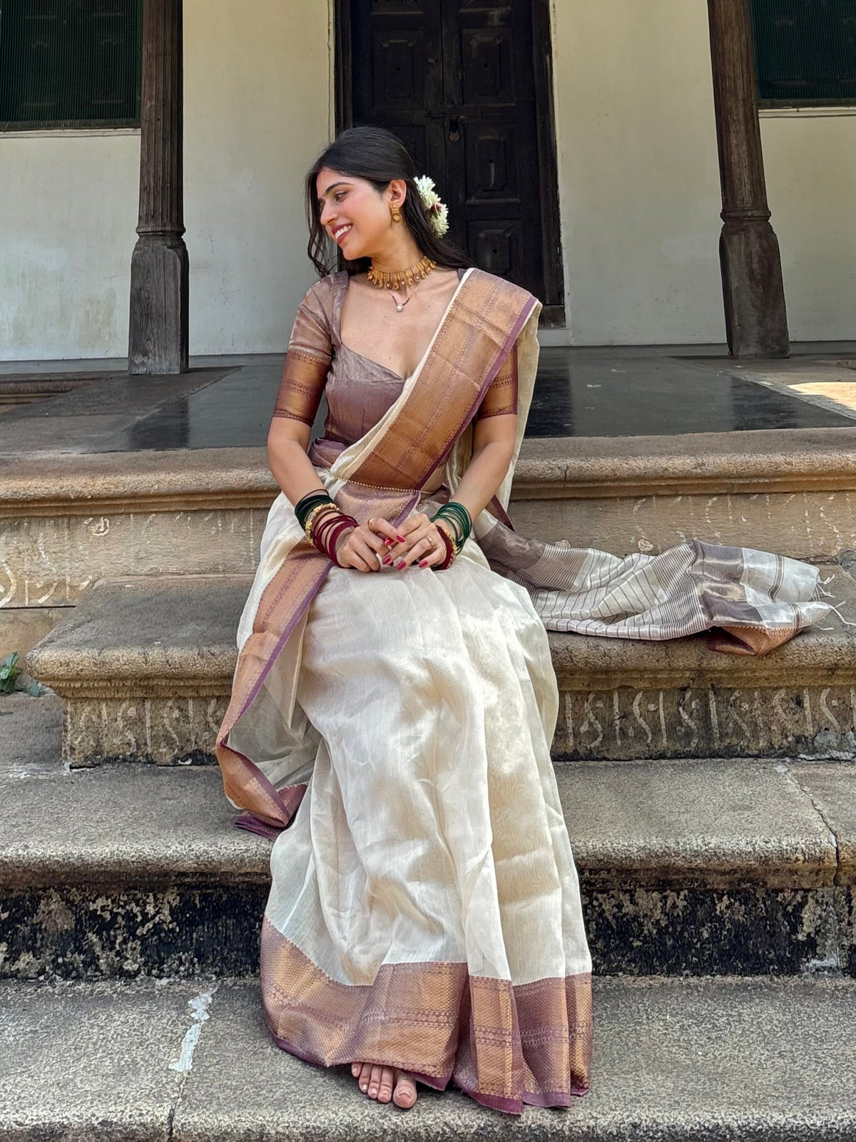 Ready to wear | Cream & Violet Maheshwari tissue silk saree with antique gold zari border