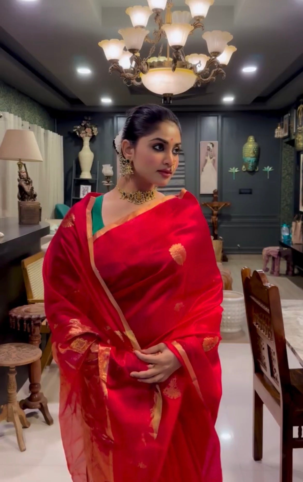 Red Chanderi Silk Saree with Mor Motifs all over