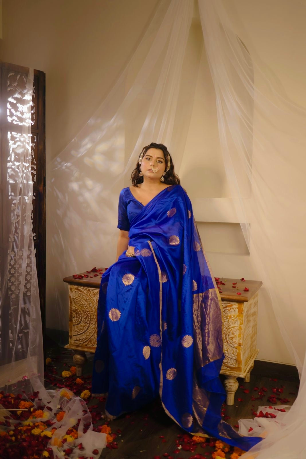 Royal blue chanderi silk saree with mor-motifs all over