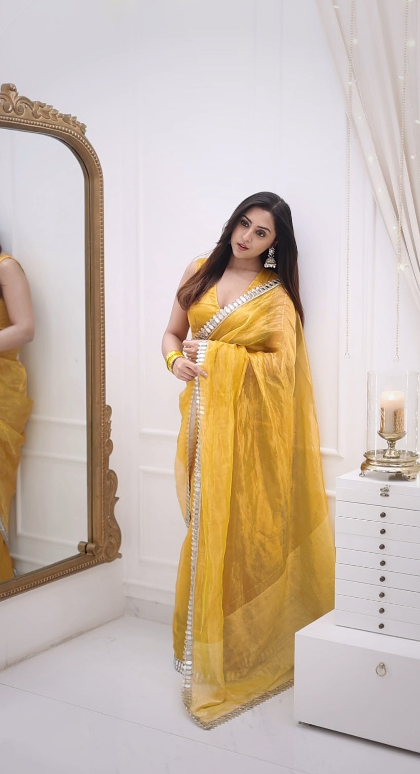 Molten amber gold chanderi tissue silk saree with mirror work border