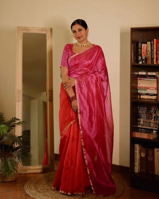 Chili Red and pink Chanderi silk saree with tassels on pallu