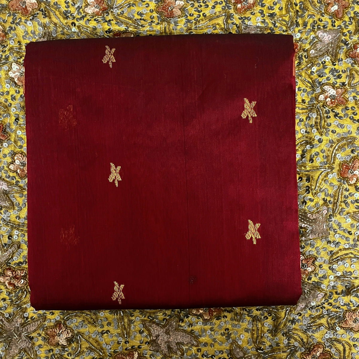 Ready to wear | Deep Maroon Chanderi Silk Saree with Flower Bootis all over