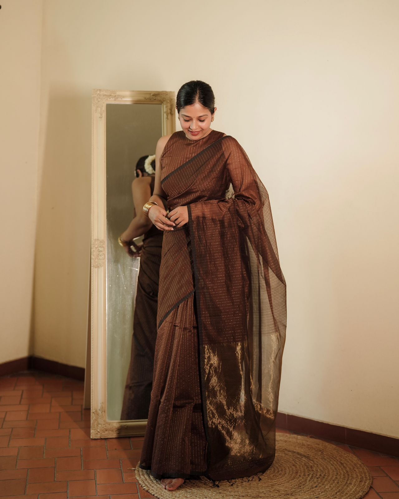 Chocolate brown Maheshwari saree with zari lines all over