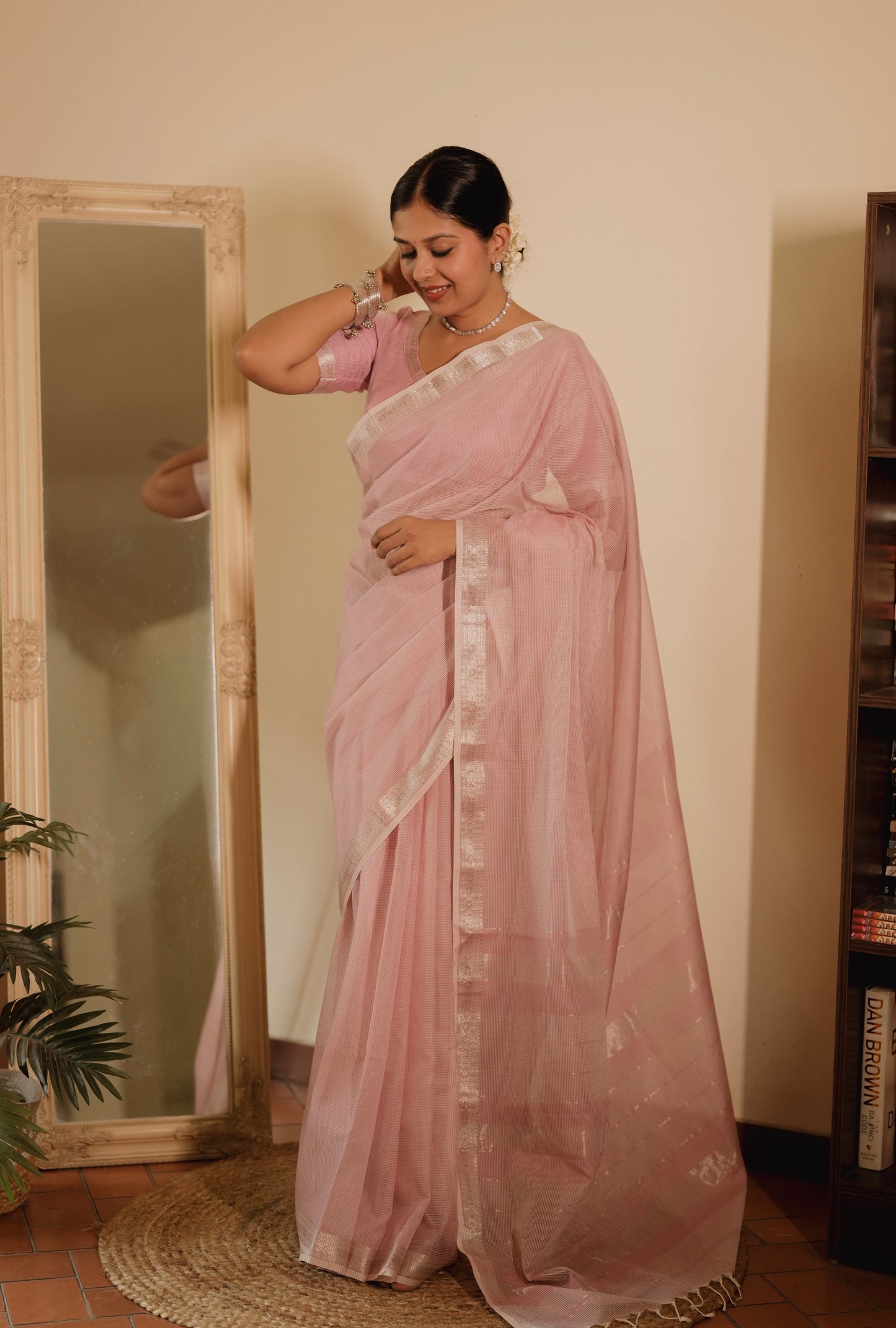 Baby pink Maheshwari saree with checks all over