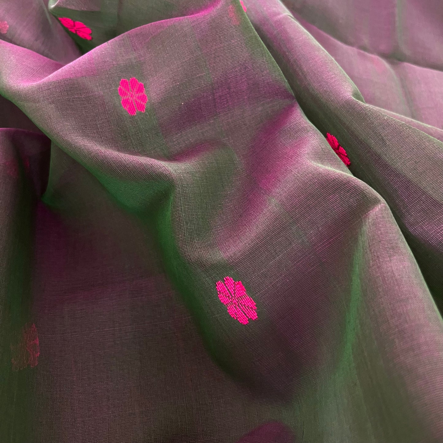 Dark grey and pink Maheshwari saree resham bootis all over