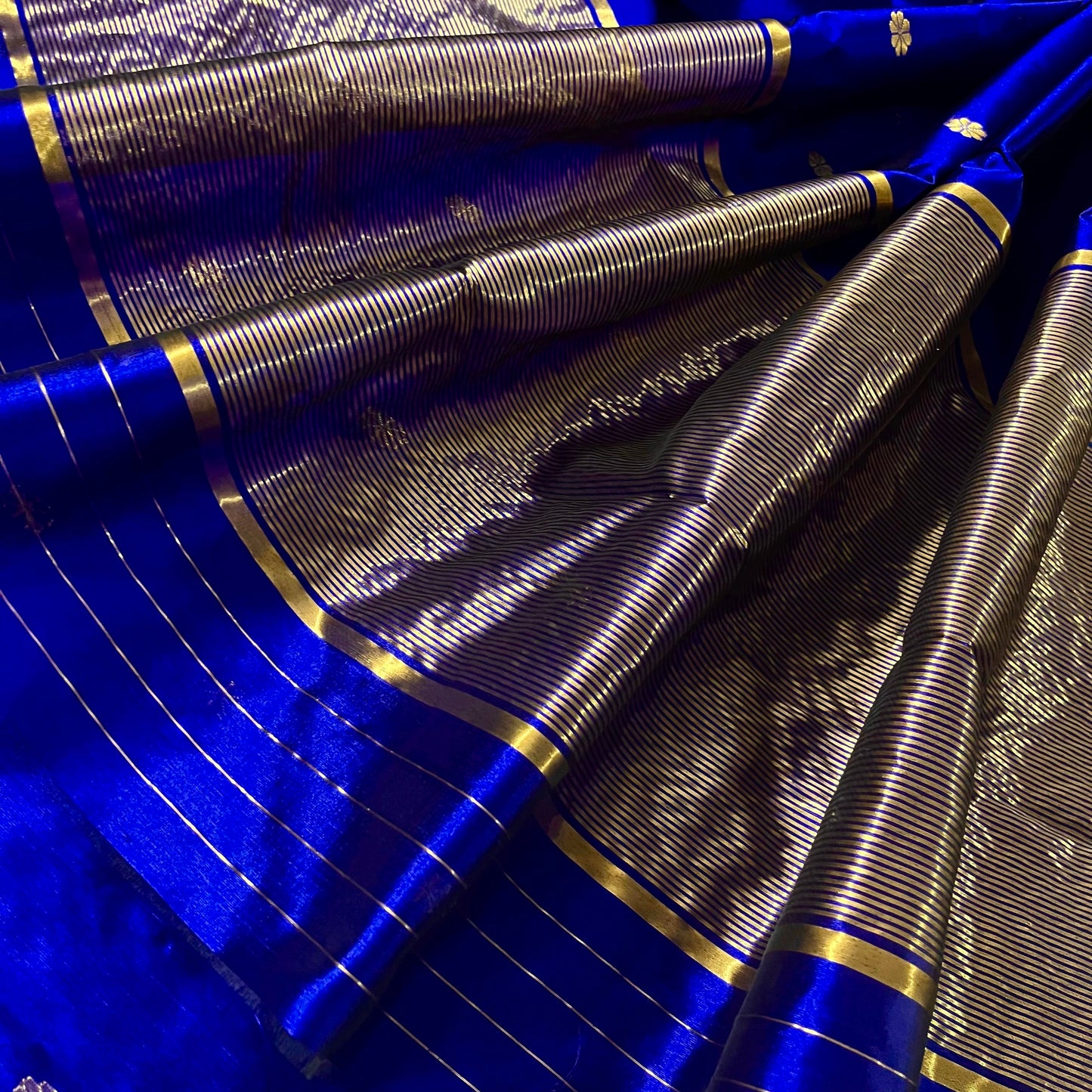 Dark blue Chanderi silk saree with flower bootis all over