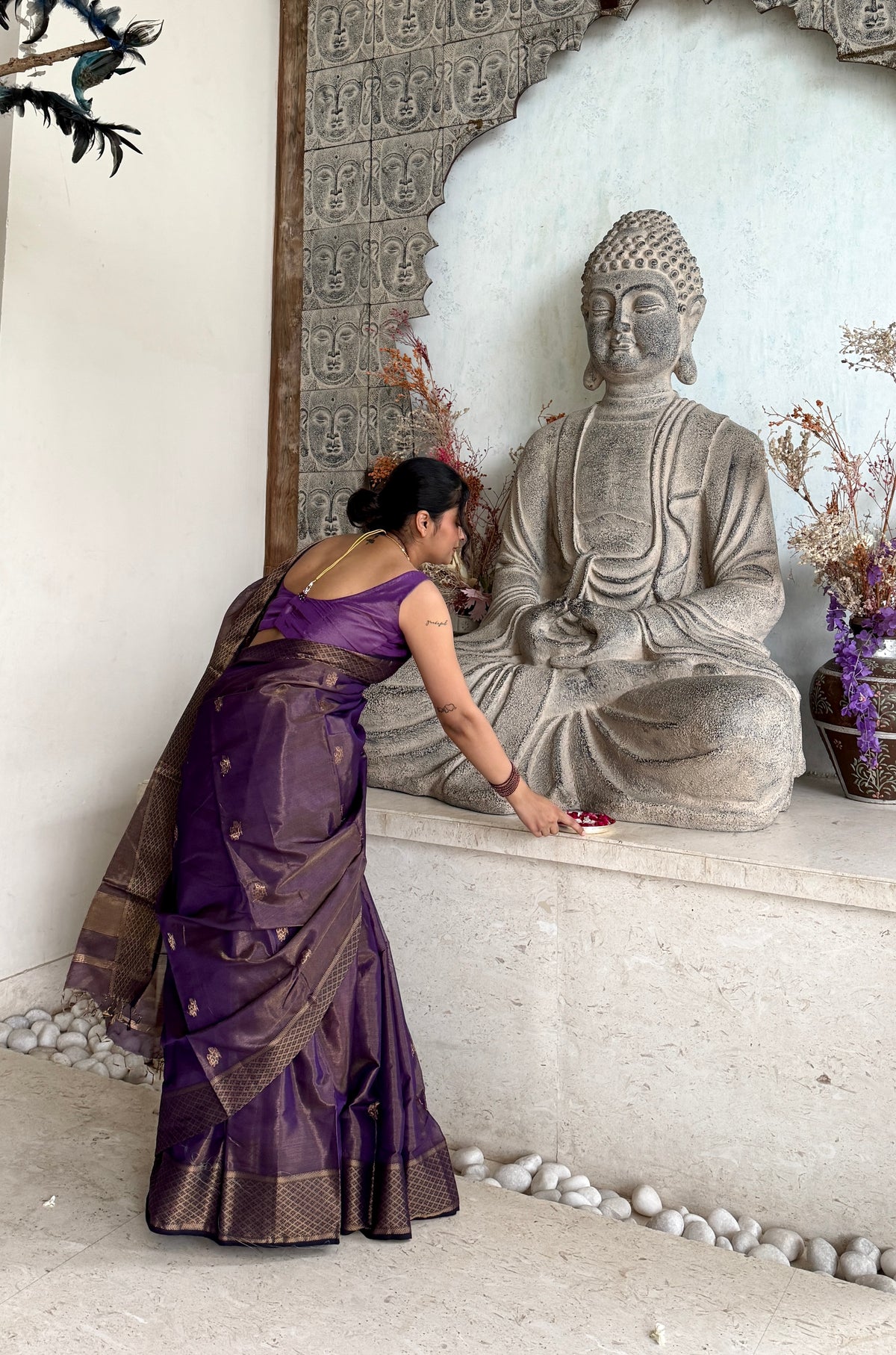 Dark purple maheshwari tissue silk saree with flower motifs all over
