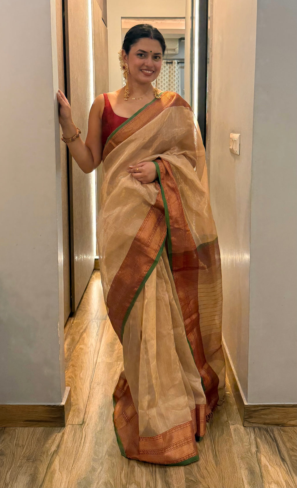 Ready to wear | Gold Red & Green Maheshwari Tissue Silk Saree with Zari Pattern on Pallu