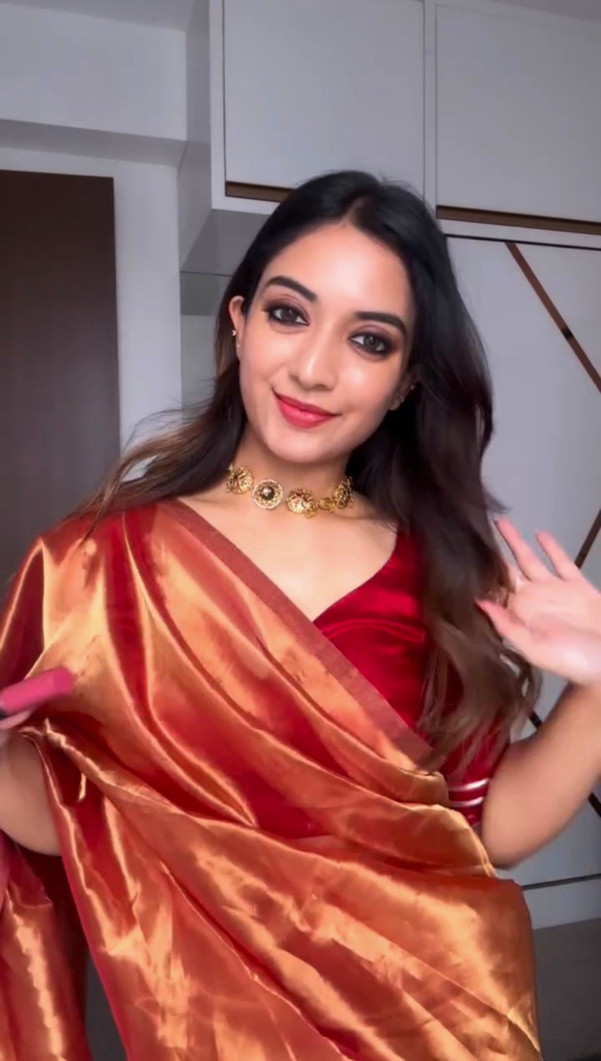 Deep red and gold Chanderi tissue silk saree