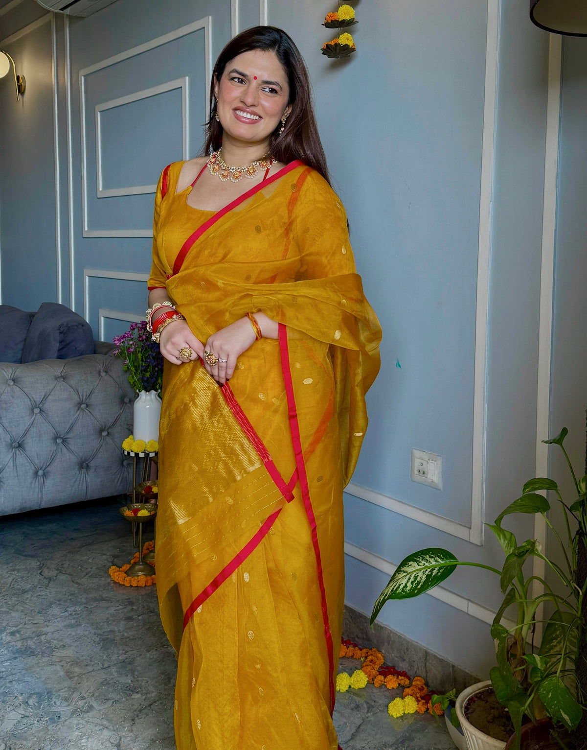 Mustard red Chanderi silk saree with zari bootis all over