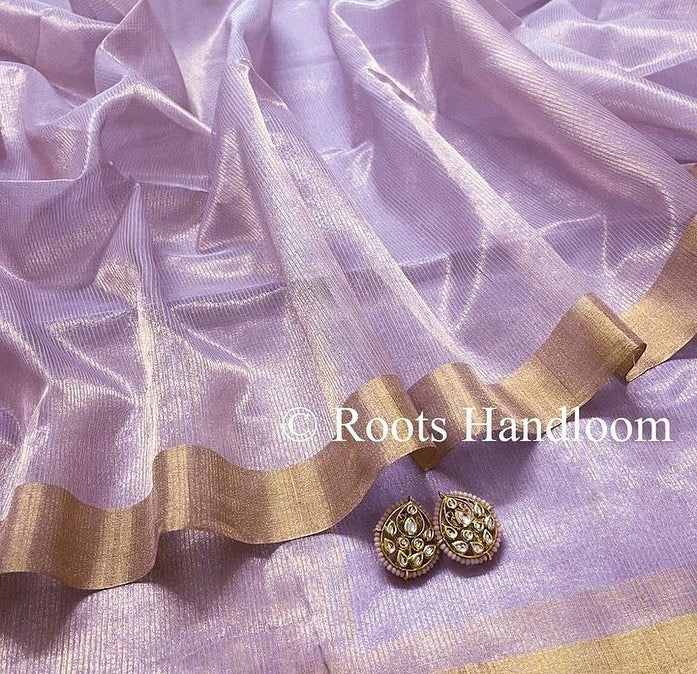 Mauve Maheshwari saree with gold zari lines all over