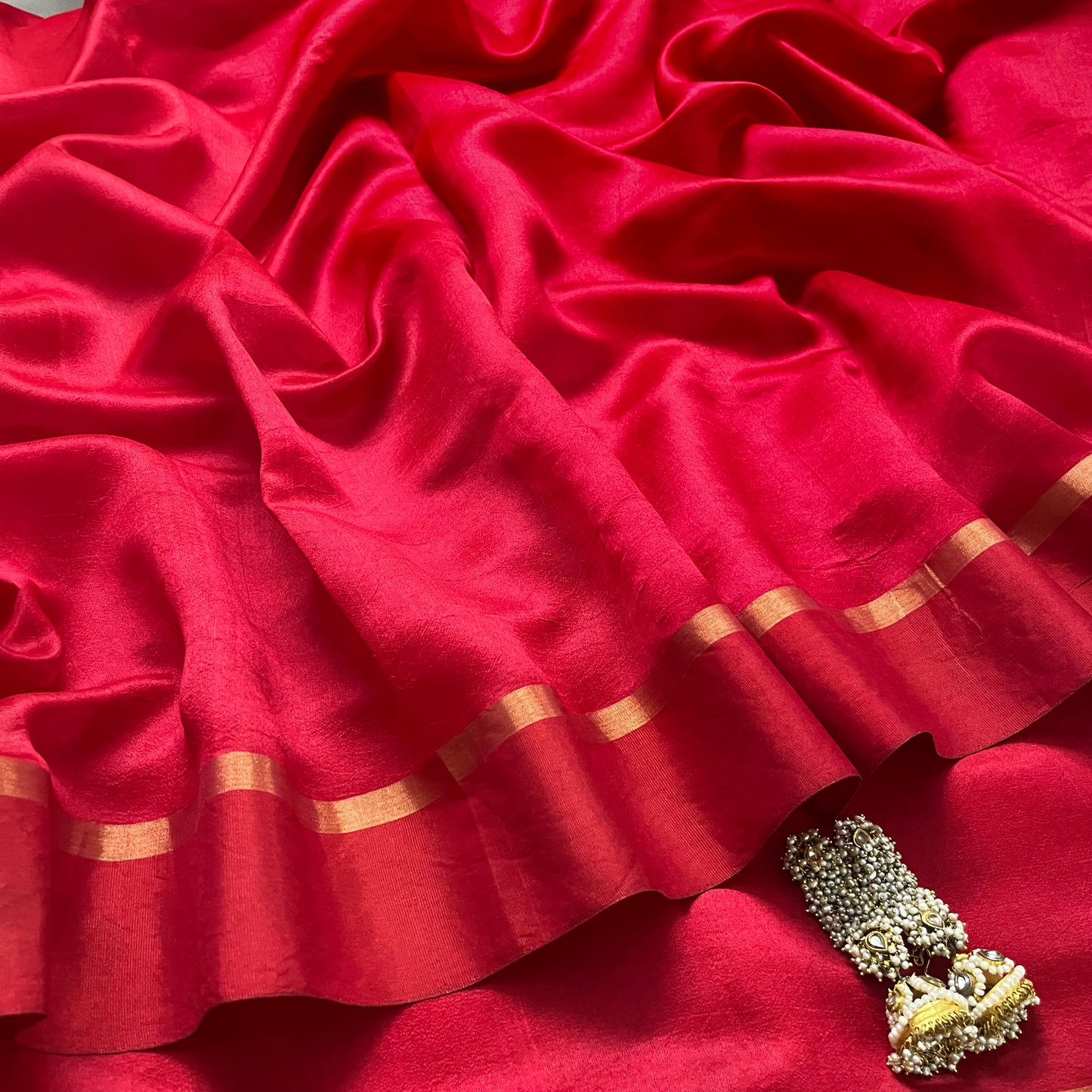 Red Chanderi Silk Saree with Tissue Border