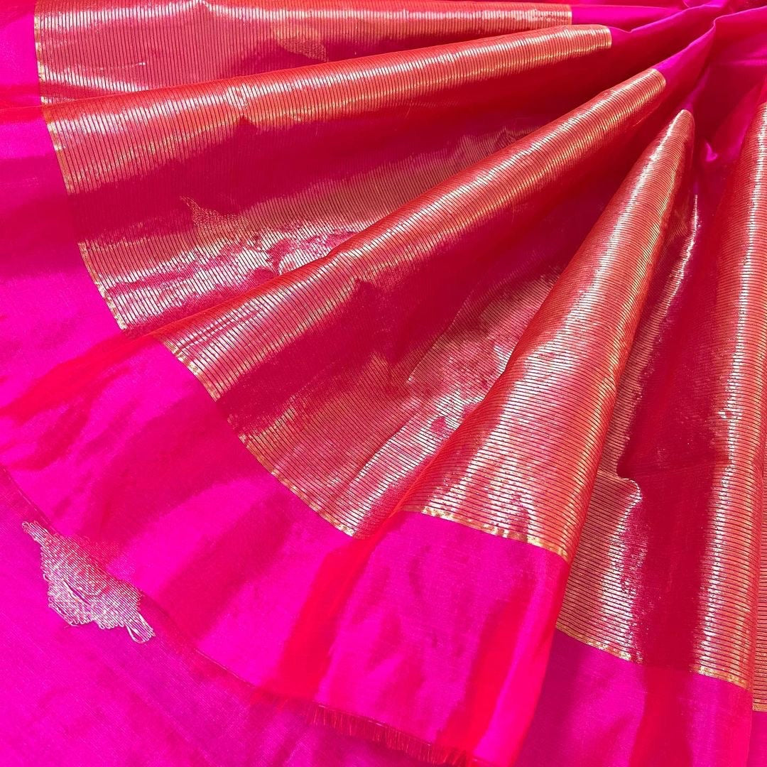Rani pink chanderi silk saree with jhoomar motifs all over