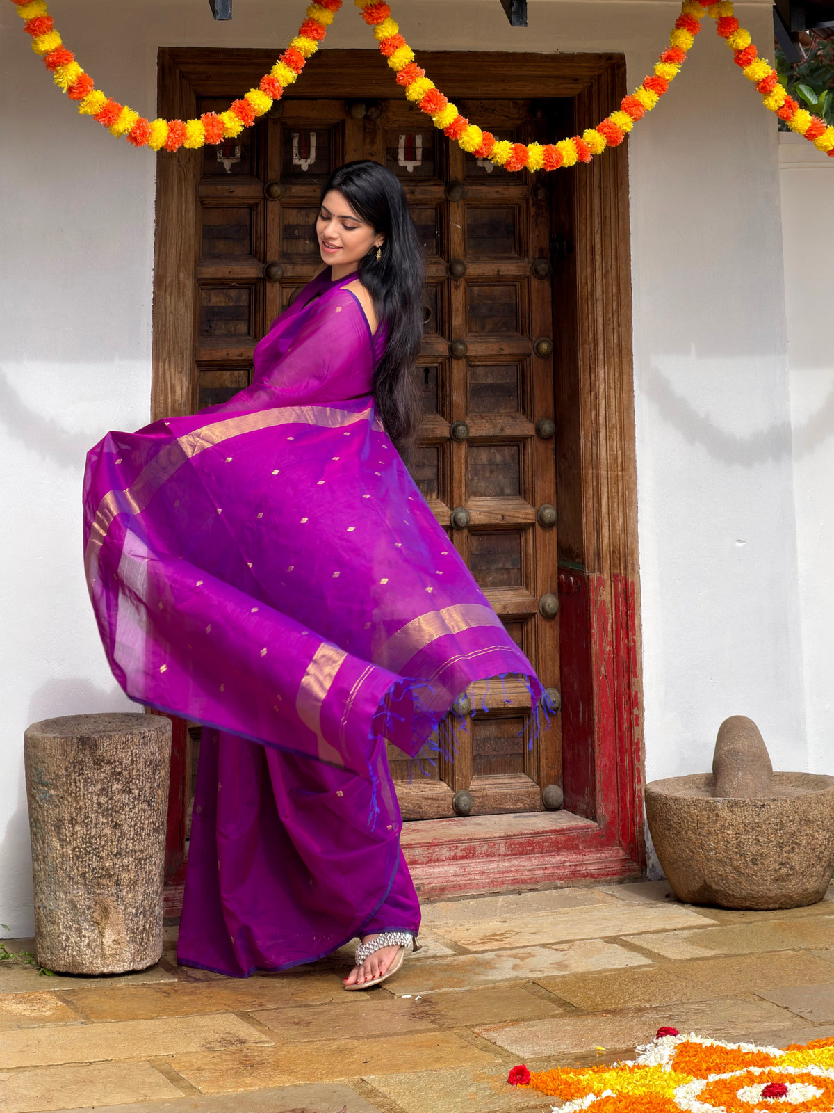 Ready to wear | Violet Dual Tone Maheshwari Saree with Zari Bootis all over