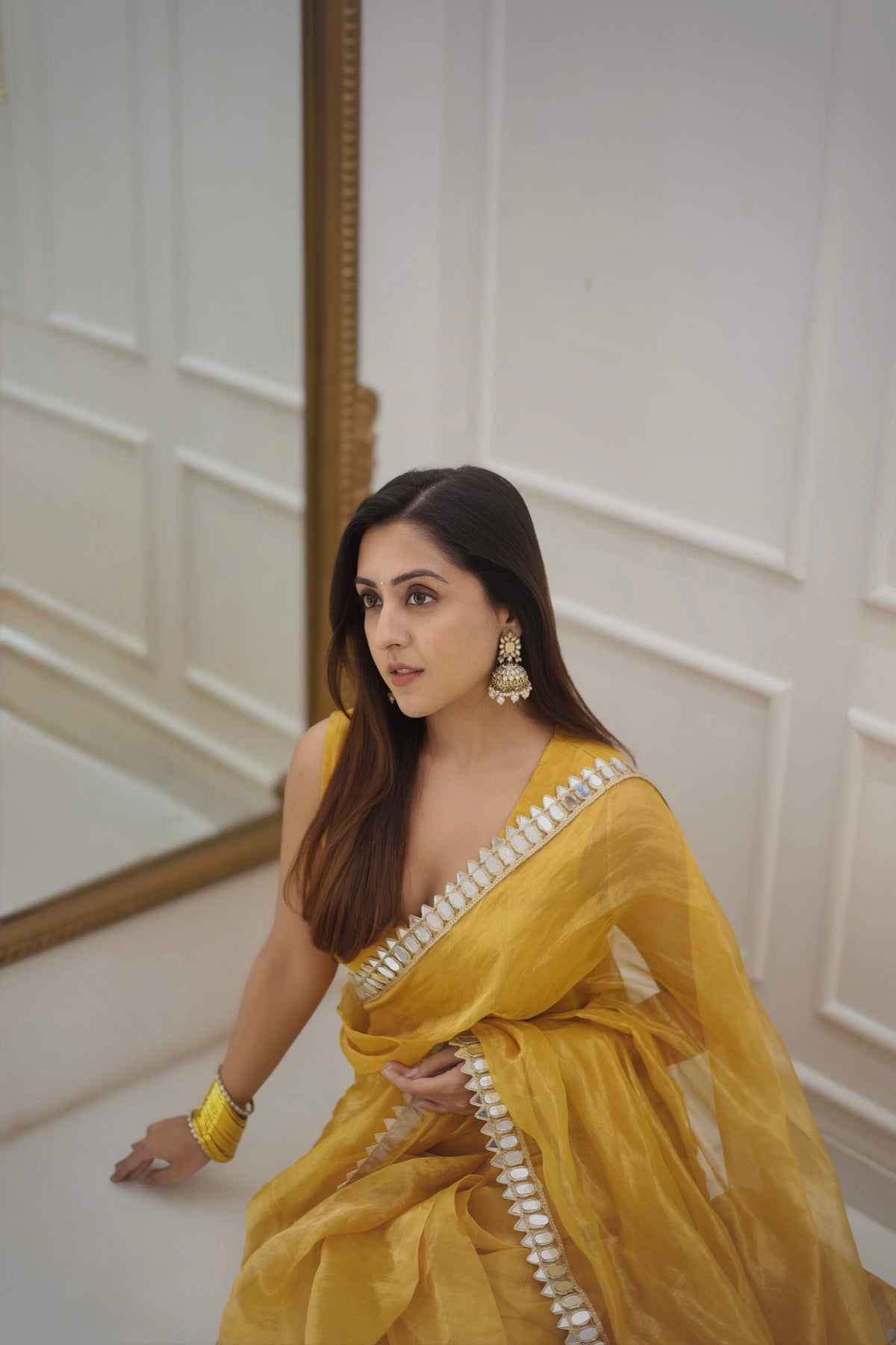 Molten amber gold chanderi tissue silk saree with mirror work border
