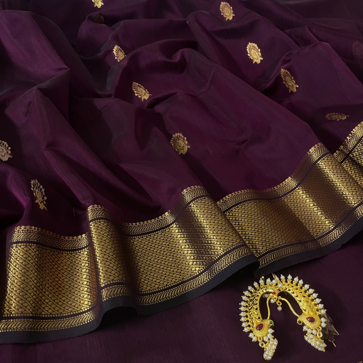 Deep wine Maheshwari saree with zari motifs all over