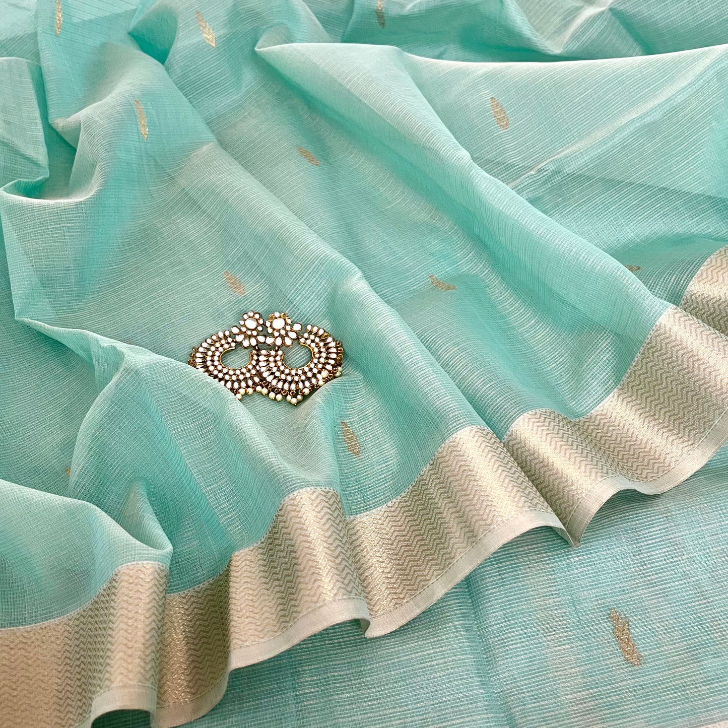 Light blue Maheshwari silk saree with zari checks all over