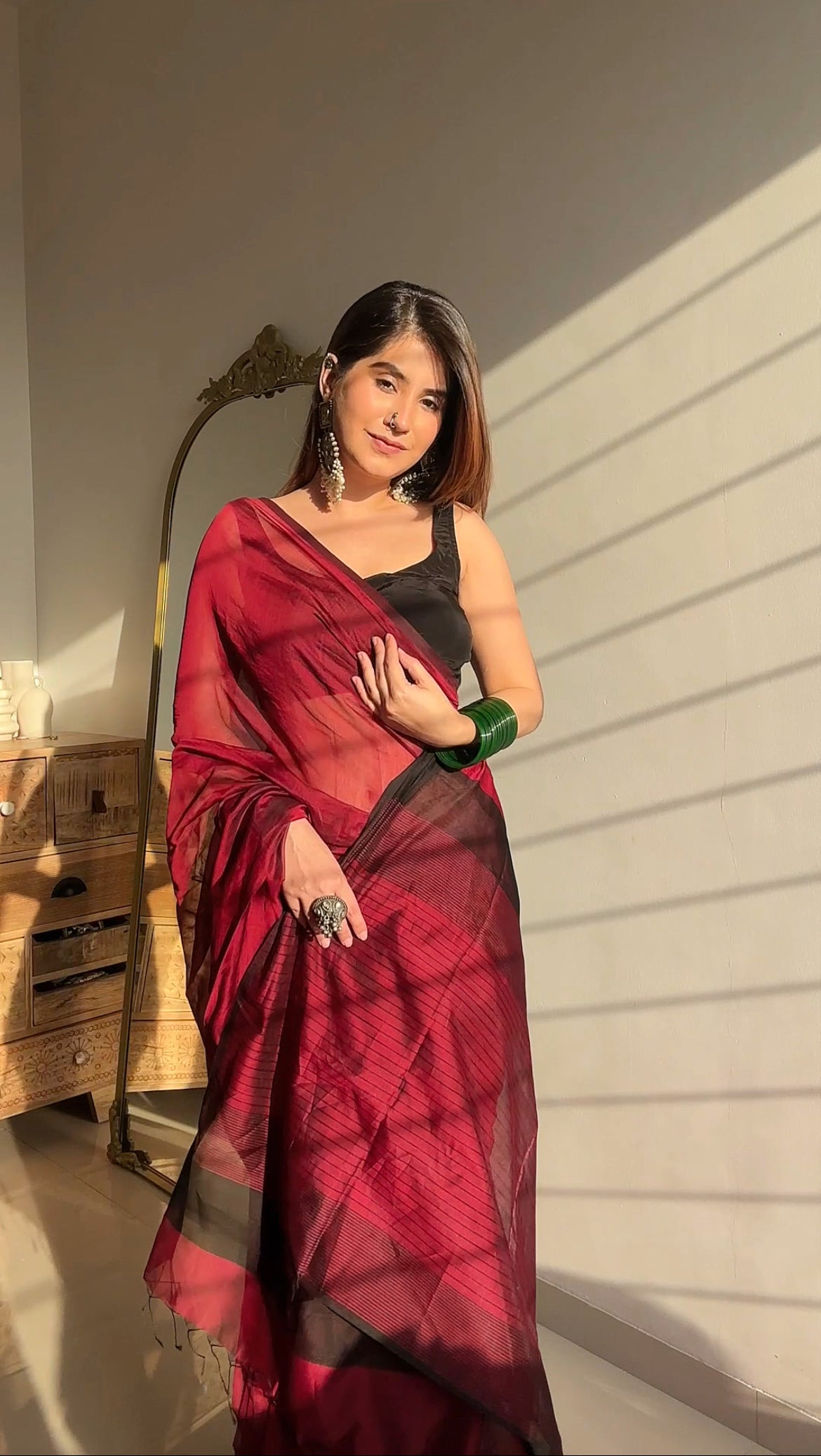 Maroon and black maheshwari saree