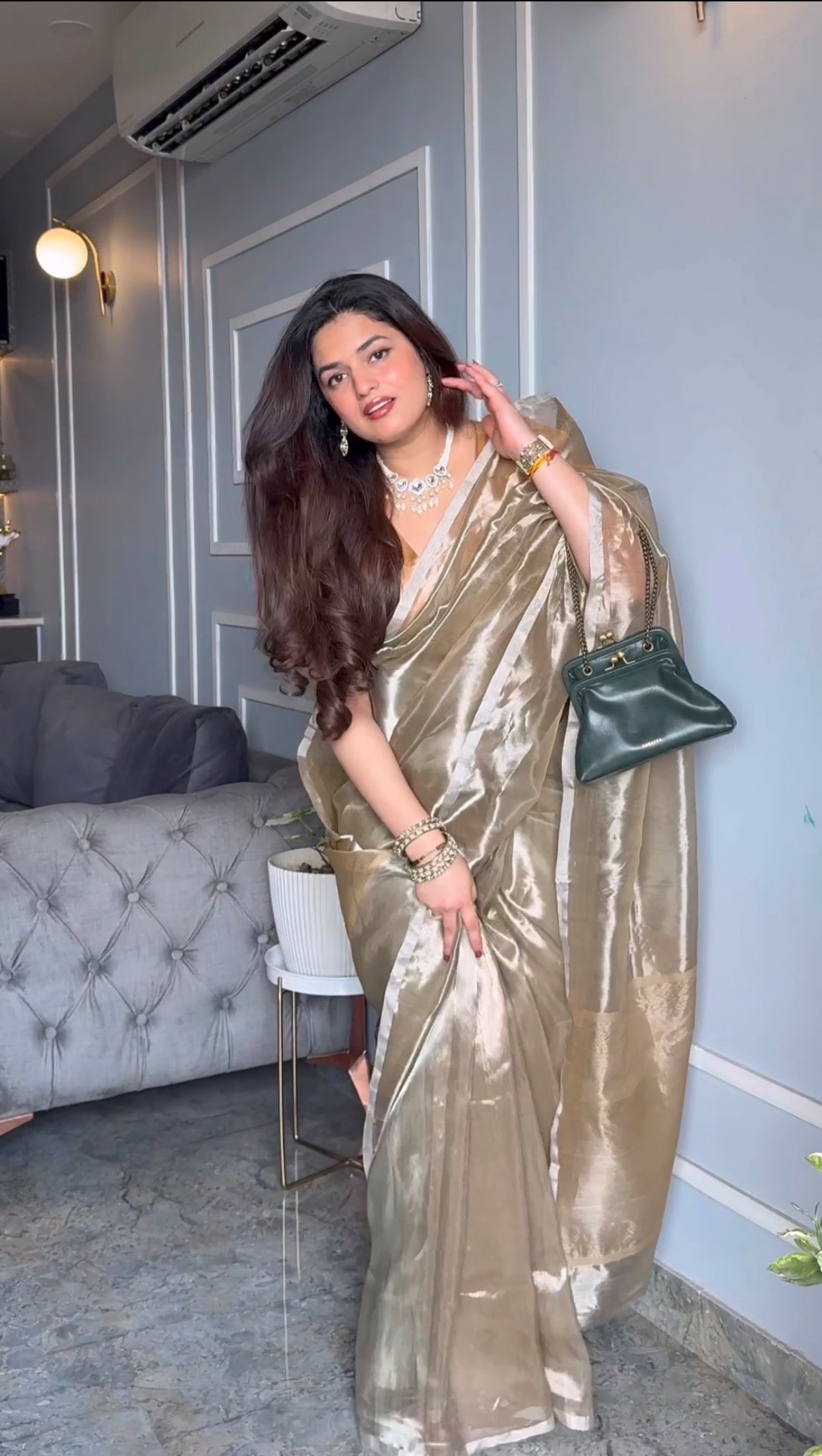 Champagne Chanderi tissue silk saree with silver zari border