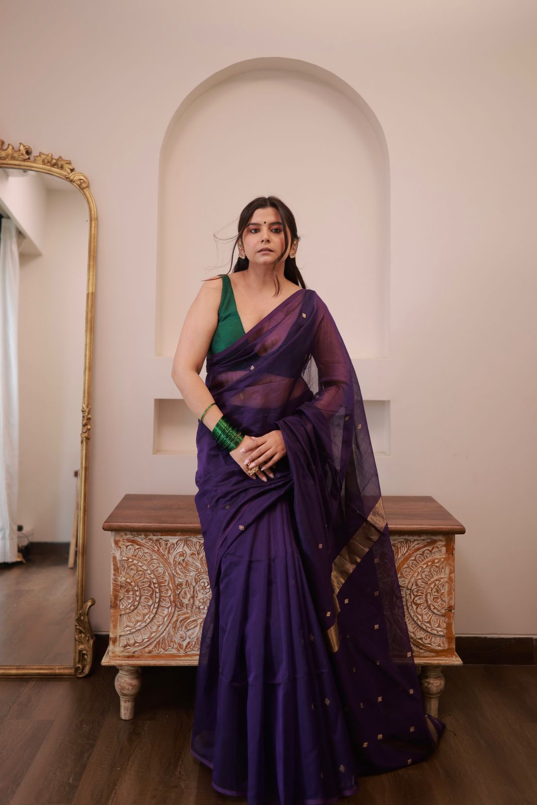Dark Purple Maheshwari Saree with Zari bootis all over
