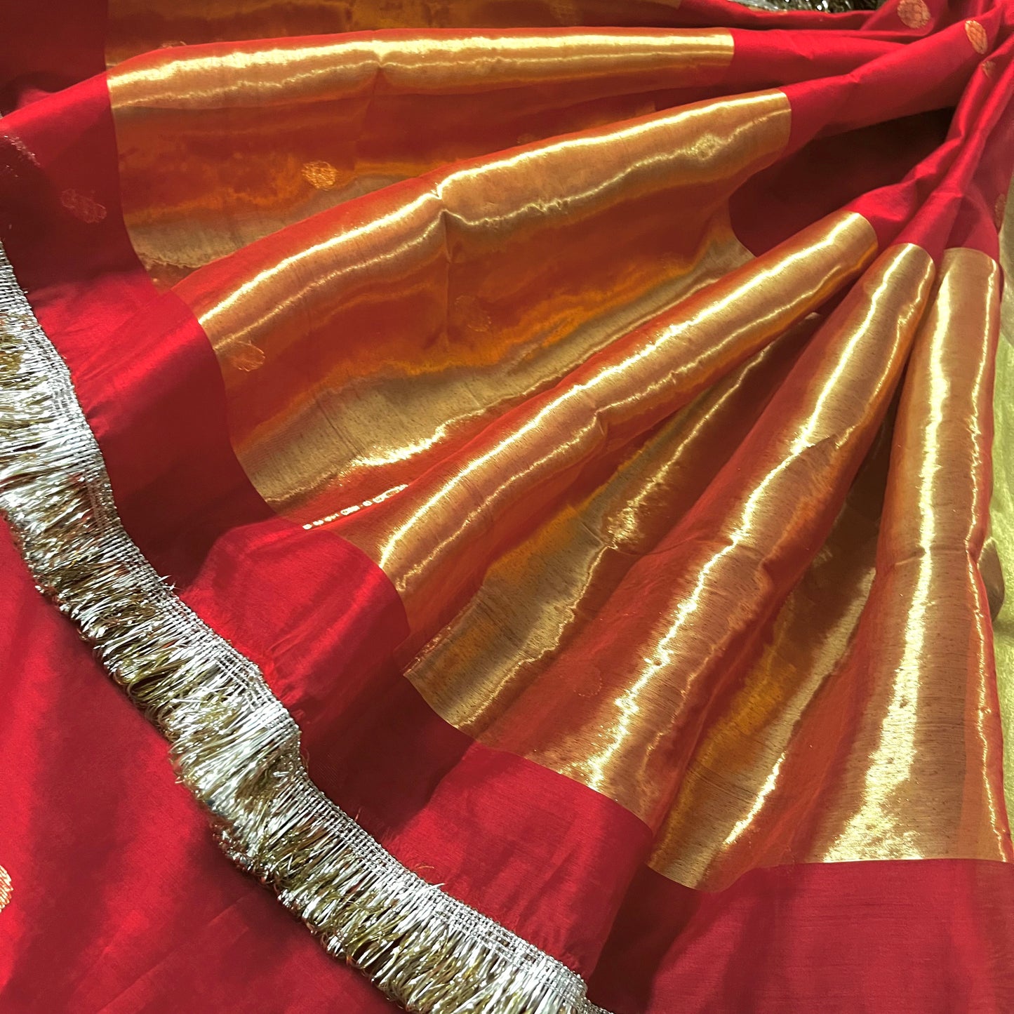 Red Chanderi saree with zari bootis and zari border all over