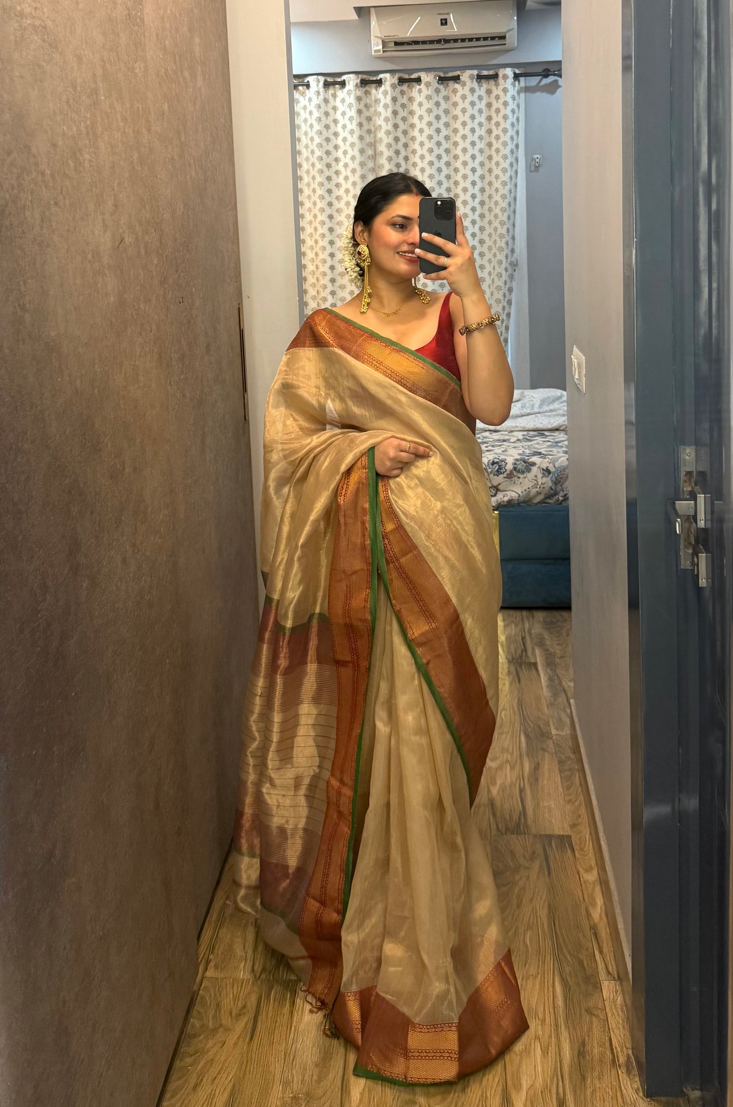 Gold Red & Green Maheshwari tissue saree with zari pattern on pallu
