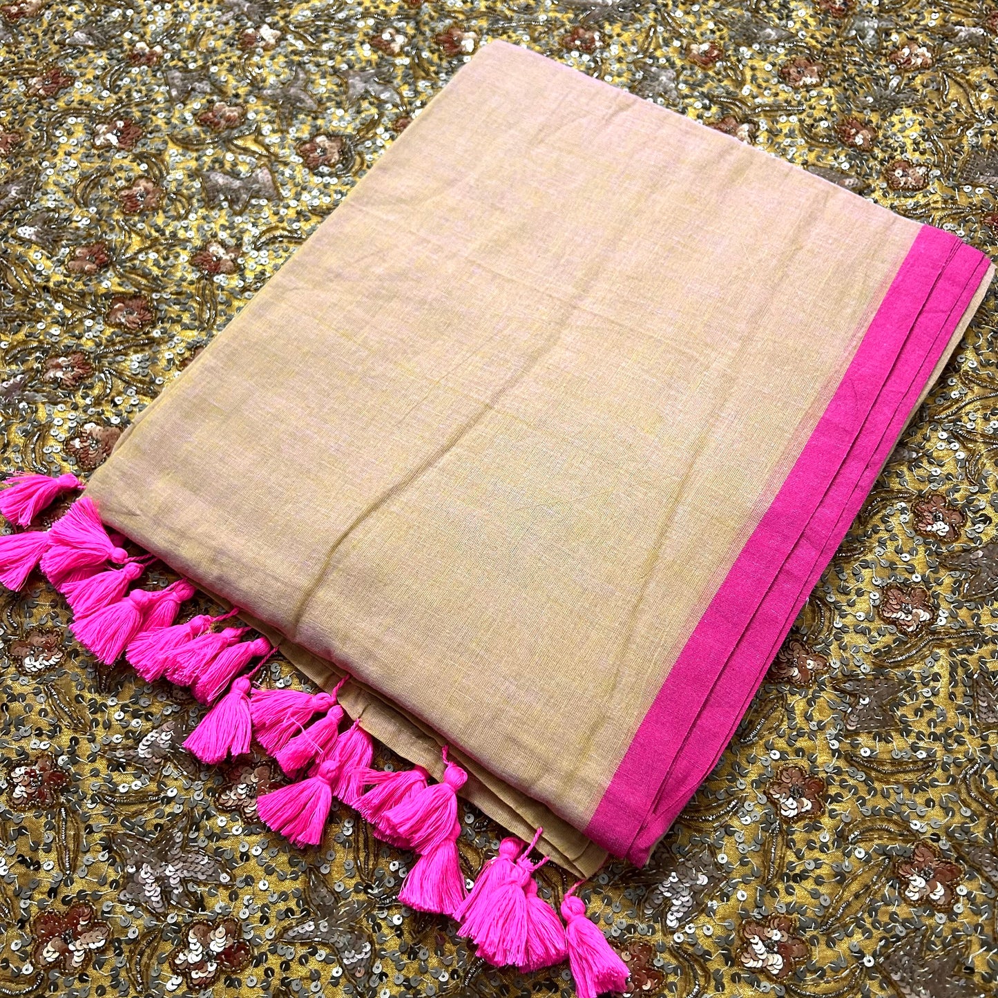 Beige and pink mulmul saree