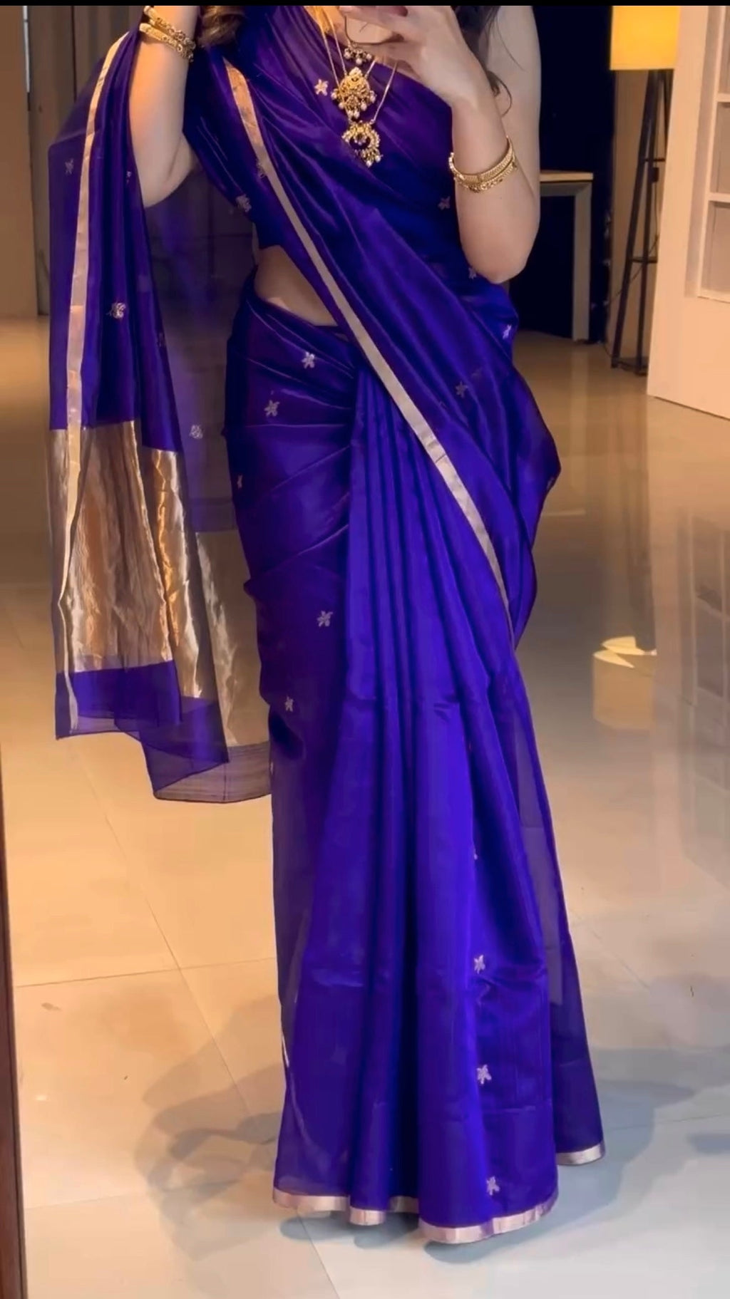 Dark Purple Chanderi Silk Saree with Flower Bootis, ready-to-wear edition