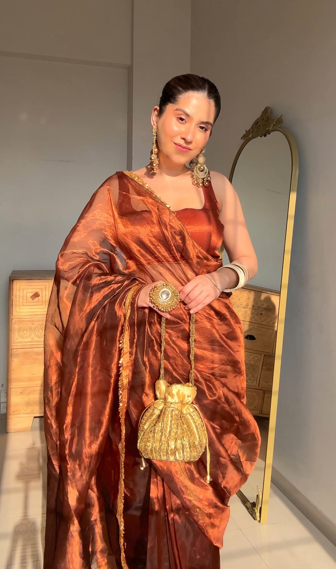 Molten Bronze chanderi tissue silk with kiran border