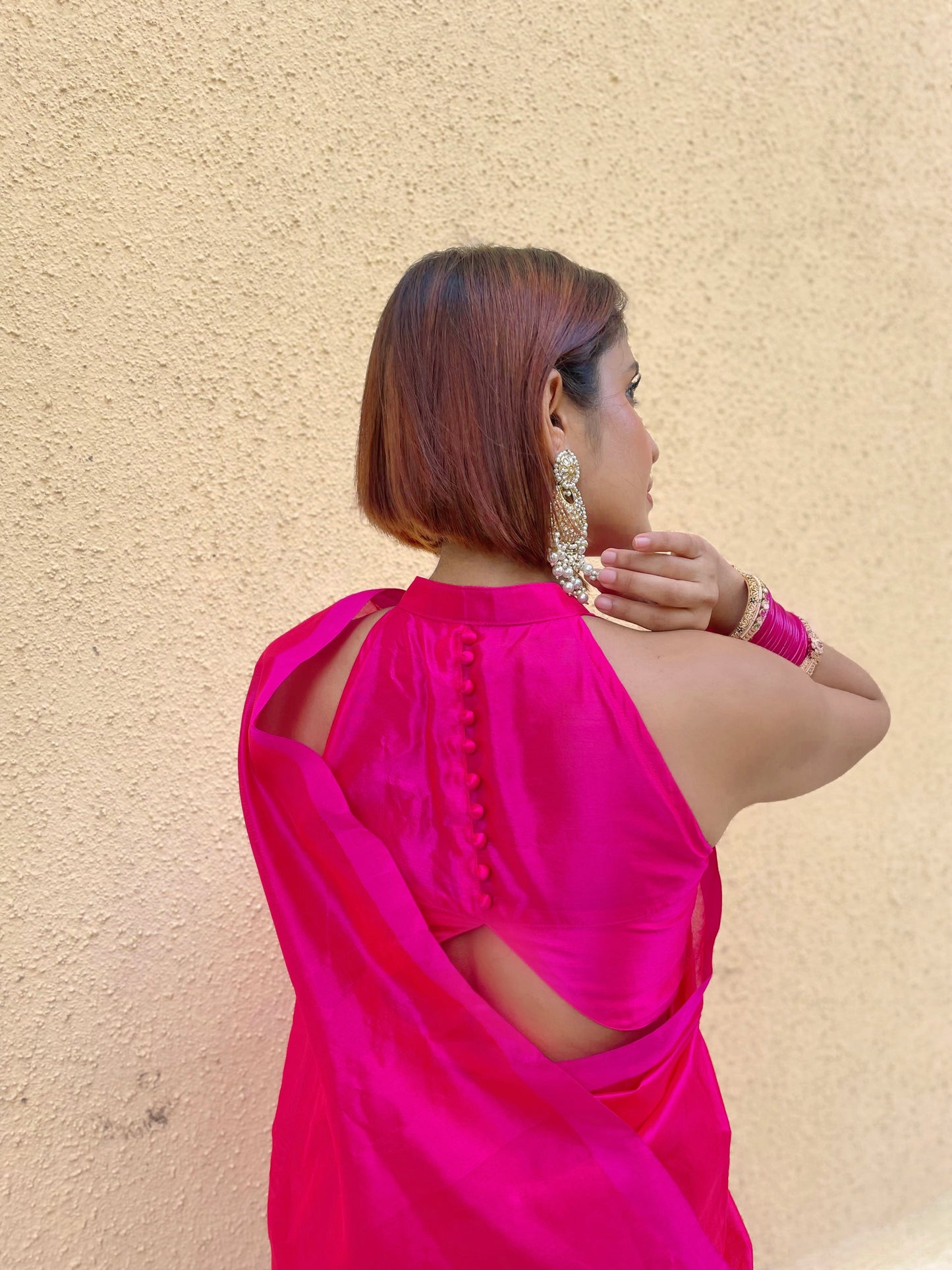 Hot pink chanderi silk saree with silk border