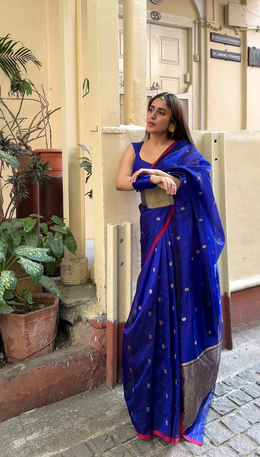 Dark blue Chanderi silk saree with flower bootis all over