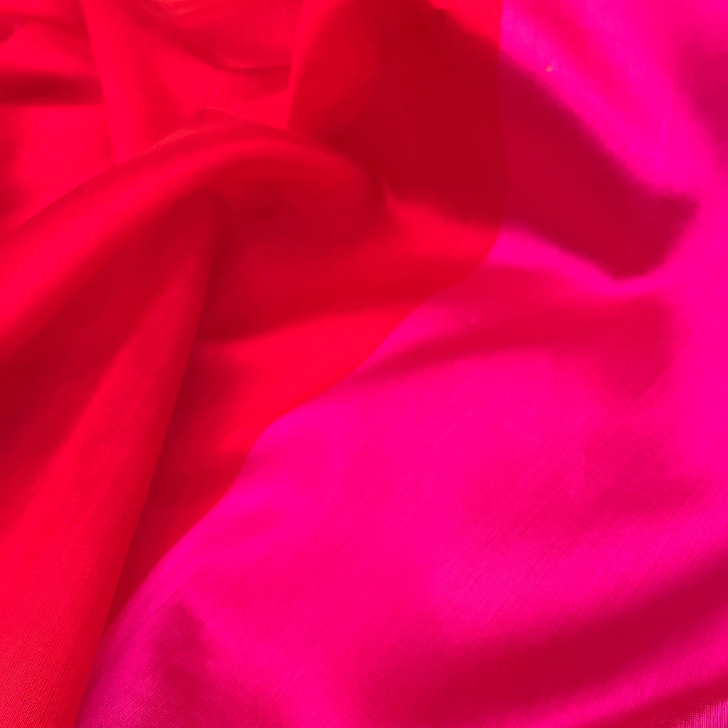 Chili Red and pink Chanderi silk saree with tassels on pallu