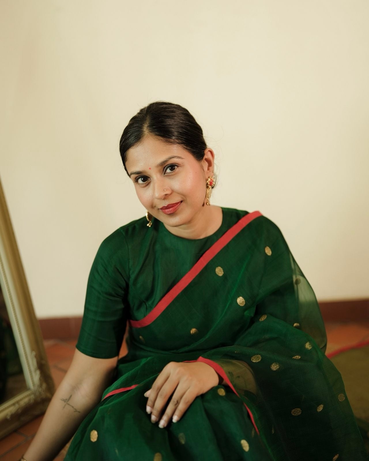 Green & red Chanderi silk saree with zari bootis all over