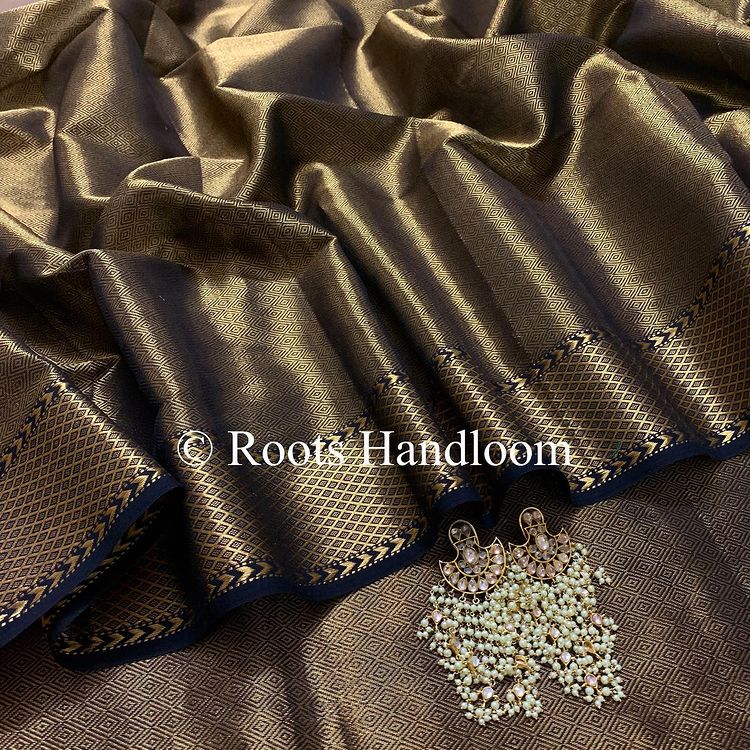 Black and gold Maheshwari with zari pattern all over