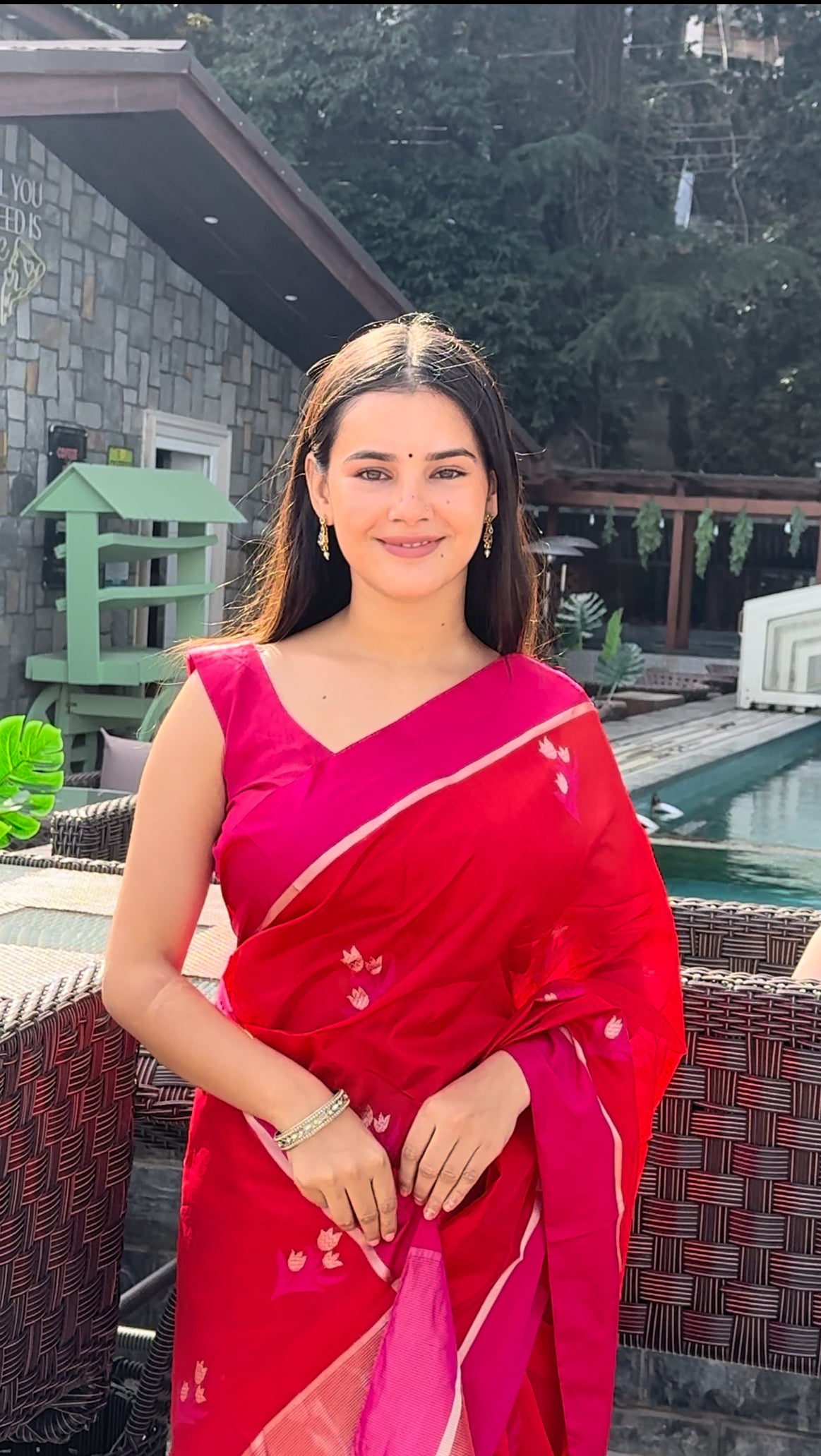 Red and pink chanderi saree with flower motifs all over