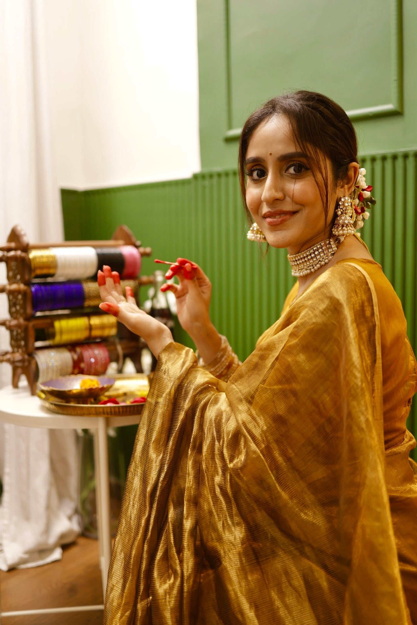 Mustard and gold maheshwari saree with zari border