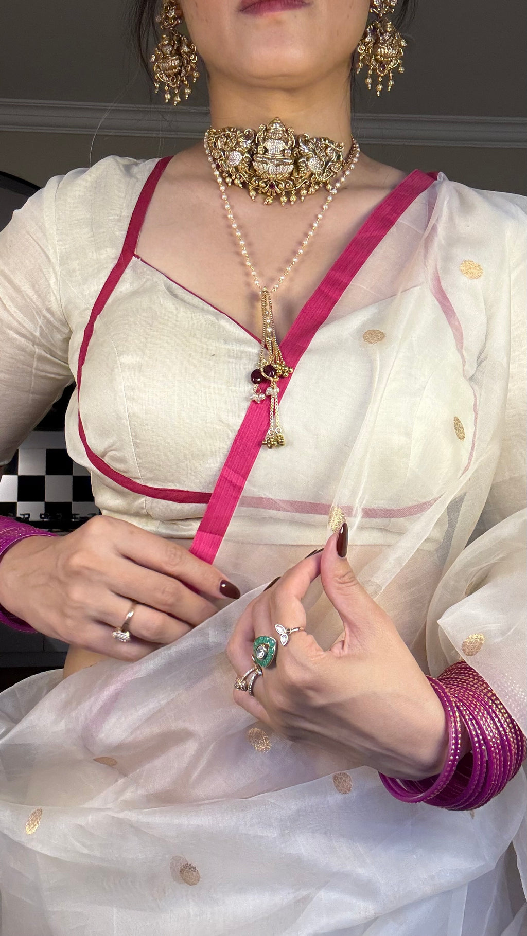 Off-White & Pink Chanderi Organza Silk Saree with Zari Bootis all over