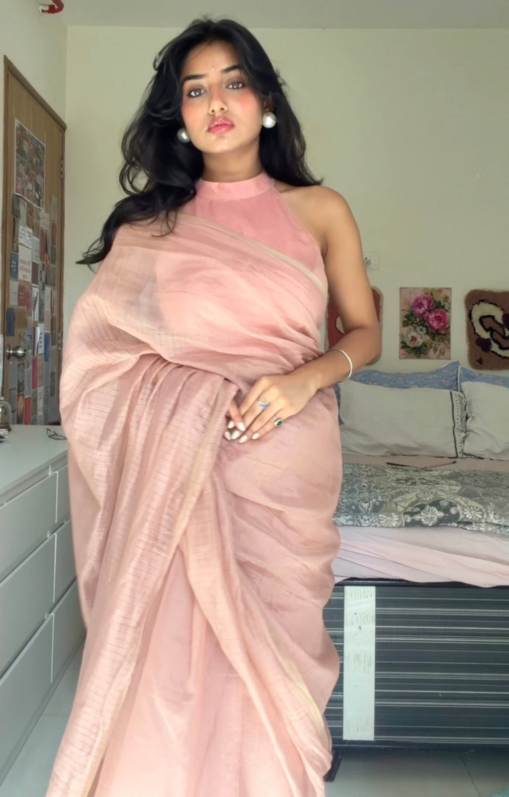 Pastel Pink Maheshwari saree with zari lines all over