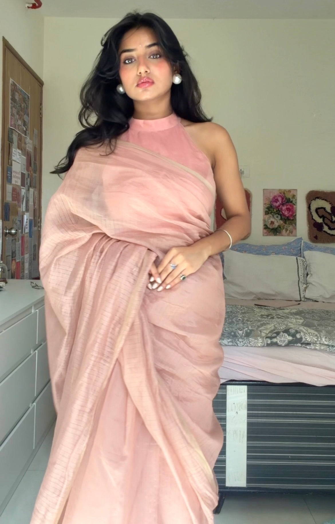 Pastel Pink Maheshwari saree with zari lines all over