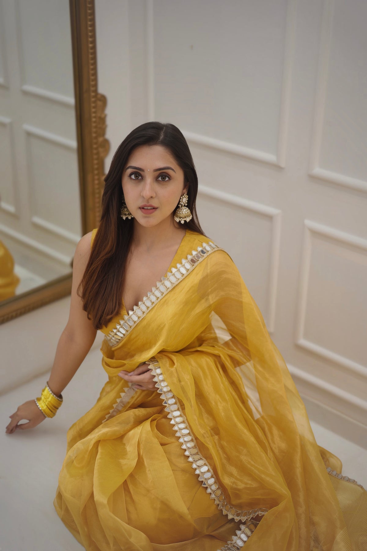 Molten amber gold chanderi tissue silk saree with mirror work border