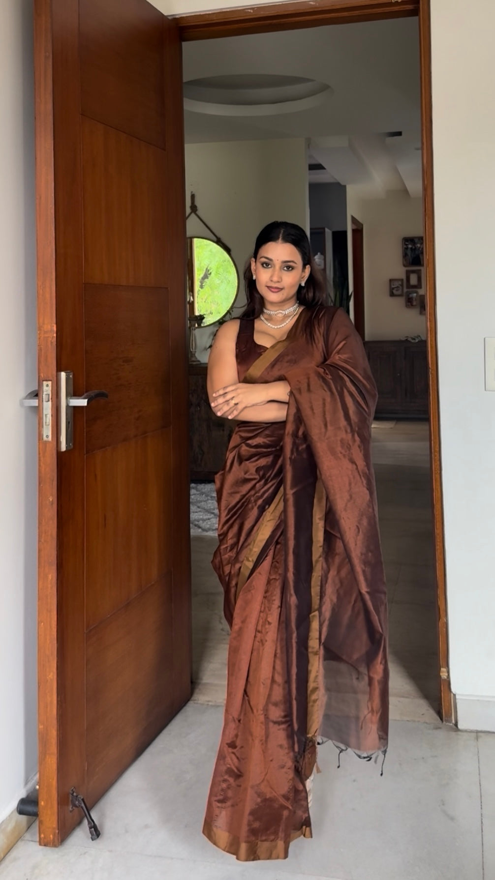 Cinnamon brown chanderi silk saree with silk border