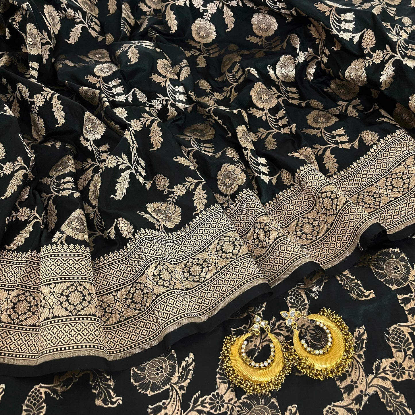 Black Banarasi katan silk saree with zari jaal work all over
