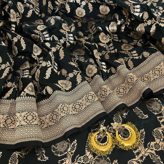 Black Banarasi katan silk saree with zari jaal work all over