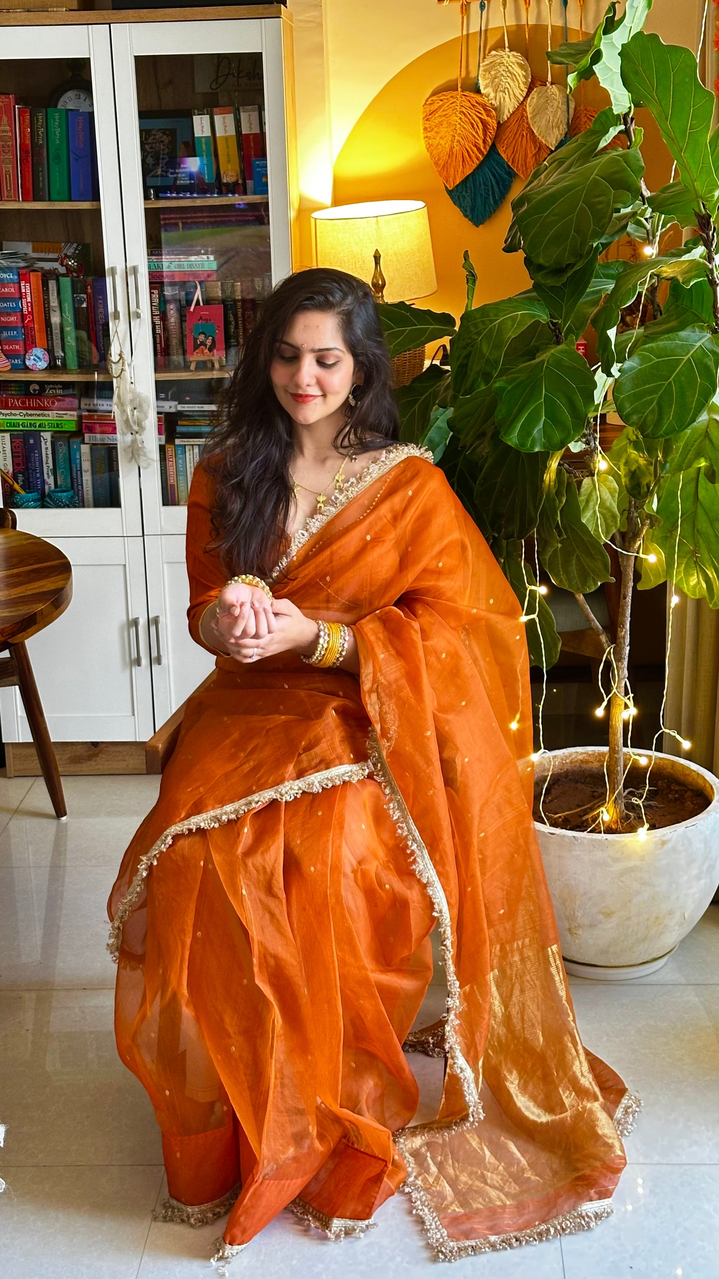 Burnt Orange Chanderi Silk Saree with Zari Bootis all over