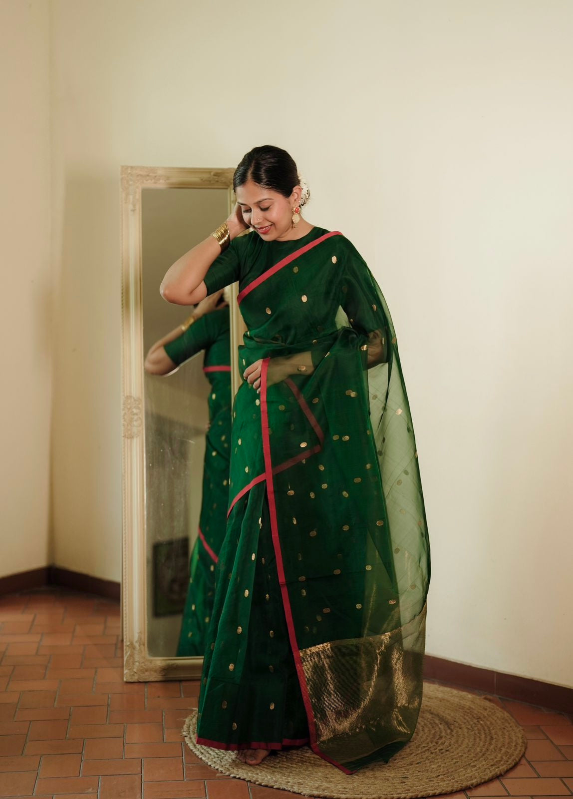 Green & red Chanderi silk saree with zari bootis all over