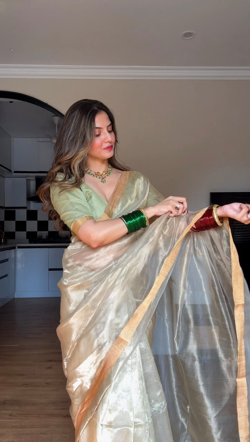 Olive Gold Maheshwari Saree with Zari lines all over