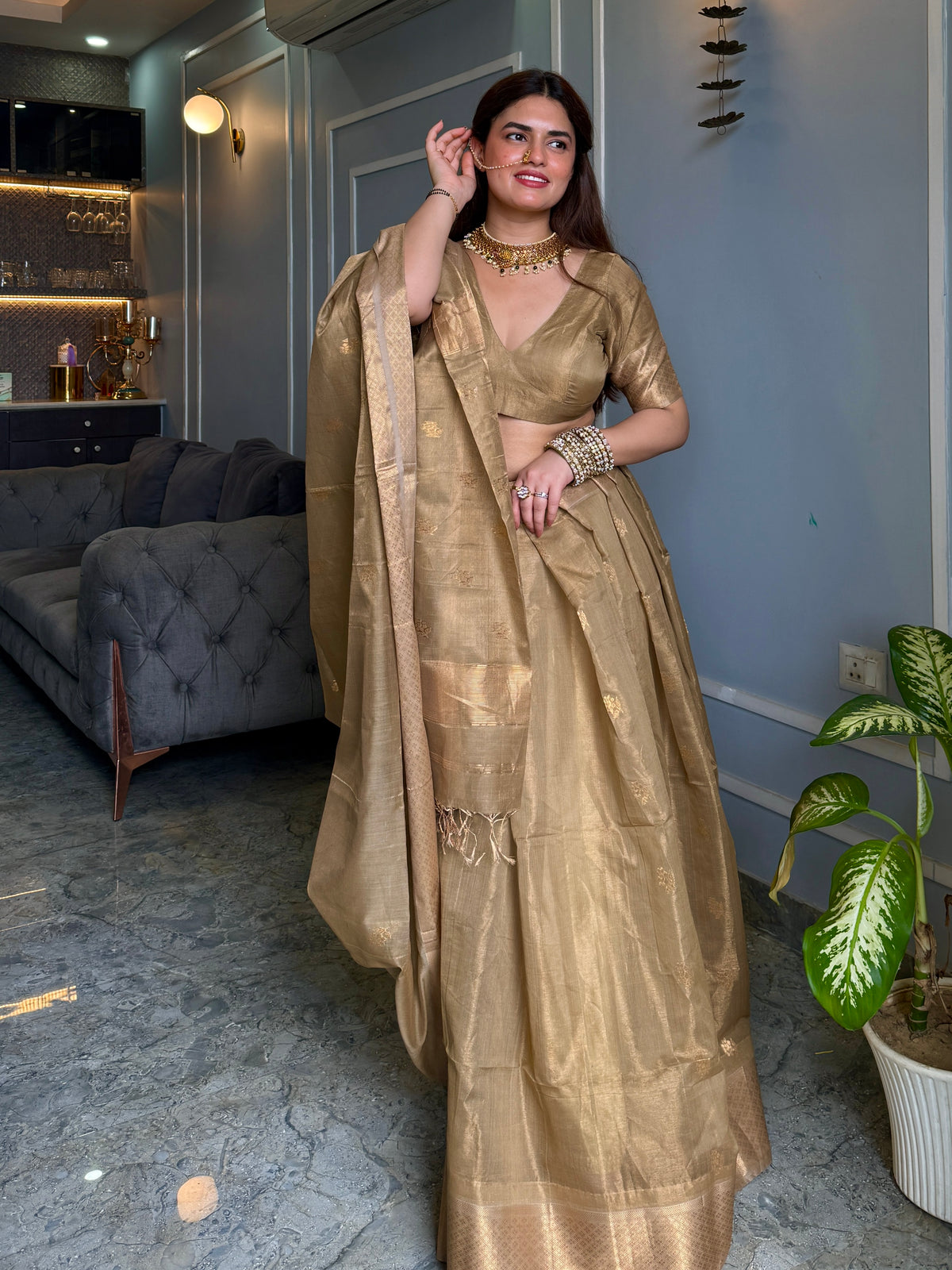 Antique gold maheshwari tissue silk saree with flower motifs all over